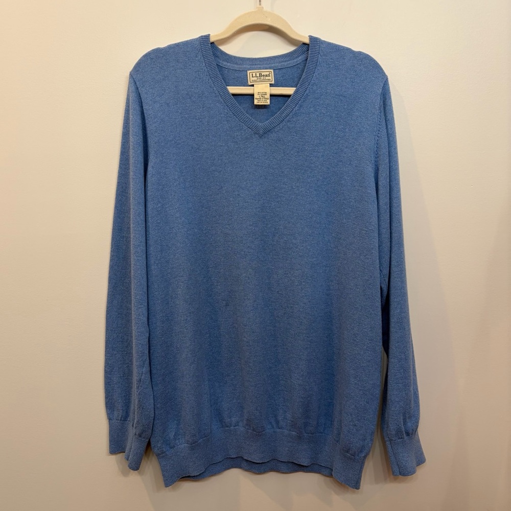 LL Bean Mens Cashmere Cotton Blend Knit Sweater Size L Tall Blue Long Sleeve
